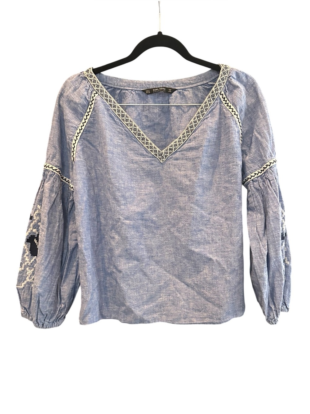 Embroidered Denim Zara Top Prairie Peasant Cottagecore Balloon Sleeves Size M